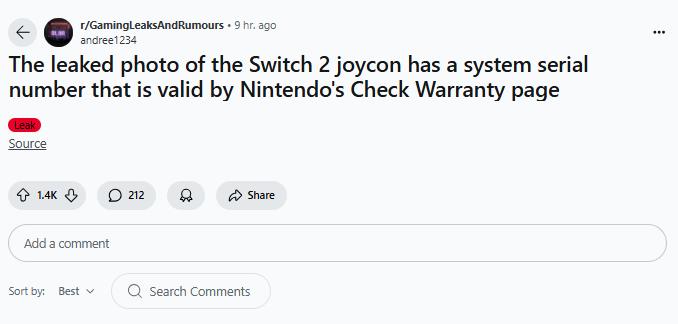 Switch 2 Joy-Con手柄外观遭到泄露 设计获得改进